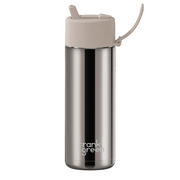 A stainless steel travel tumbler with a beige lid and carrying loop, featuring the 'crank green' logo near the bottom, shown on a solid white background.
