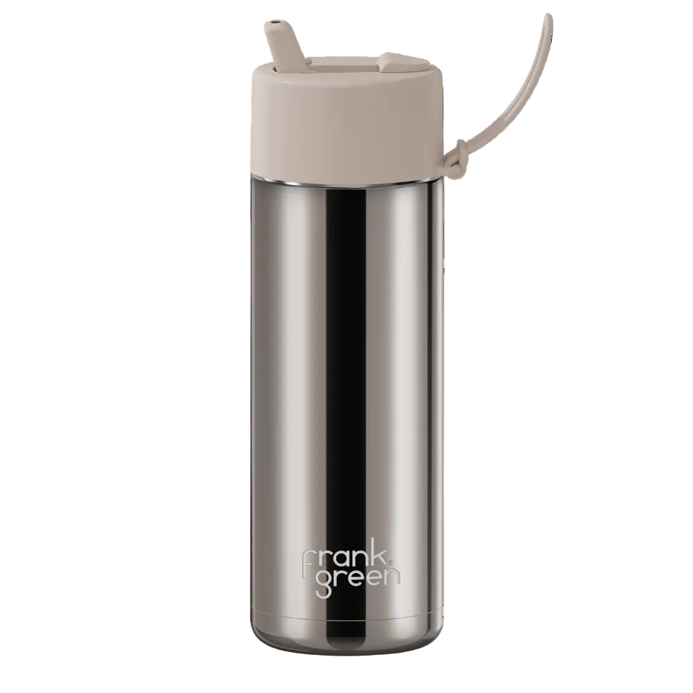 A stainless steel travel tumbler with a beige lid and carrying loop, featuring the 'crank green' logo near the bottom, shown on a solid white background.