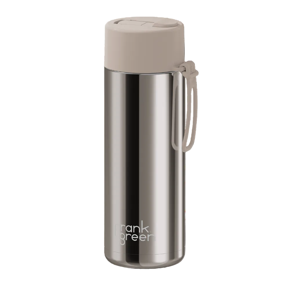 A stainless steel vacuum flask with a beige lid and matching carrying loop, featuring the Frank Green brand logo near the bottom, set against a plain white background.