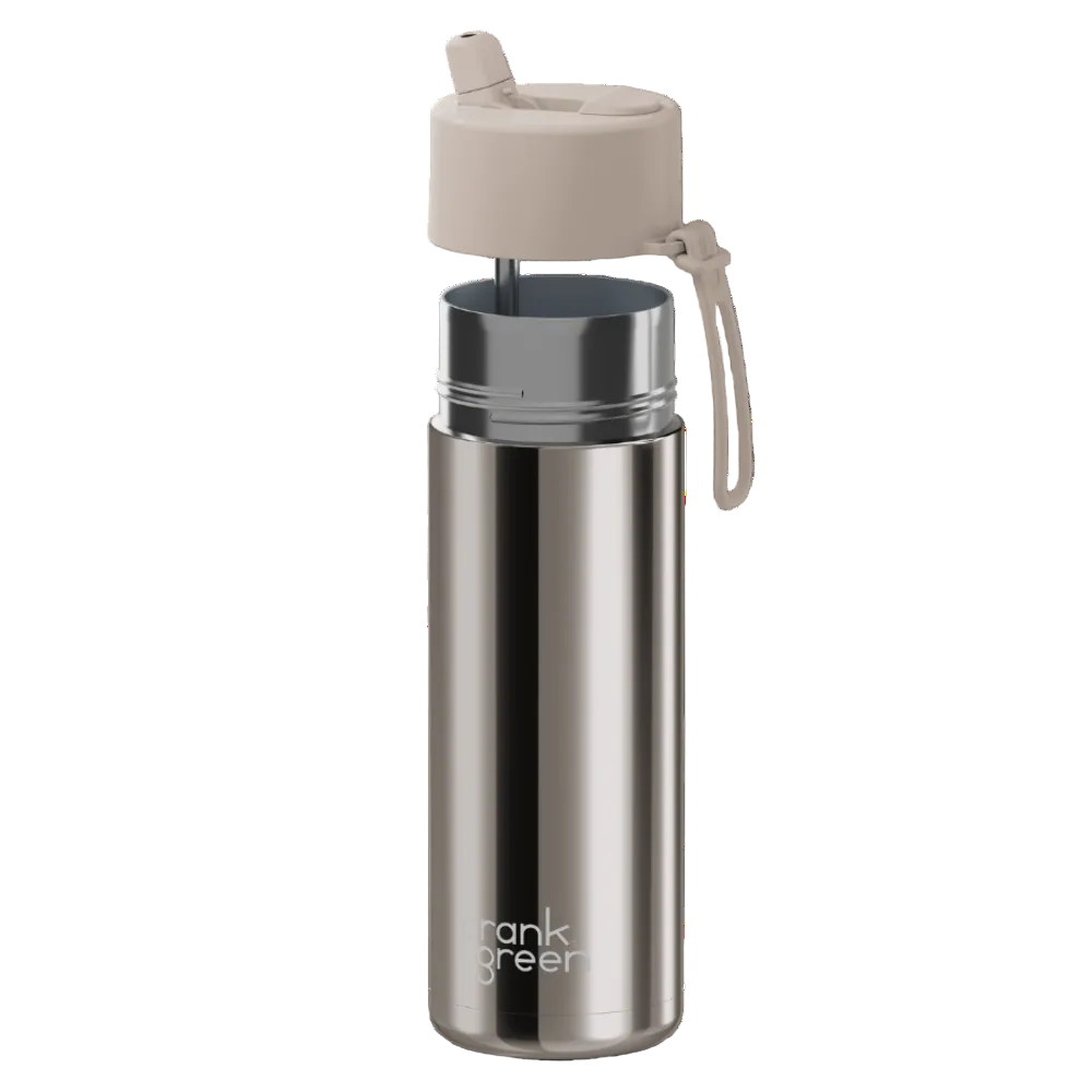 A stainless steel vacuum-insulated tumbler bottle with a beige lid and carrying loop, shown on a plain white background. The brand name 'mark green' is printed near the bottom.