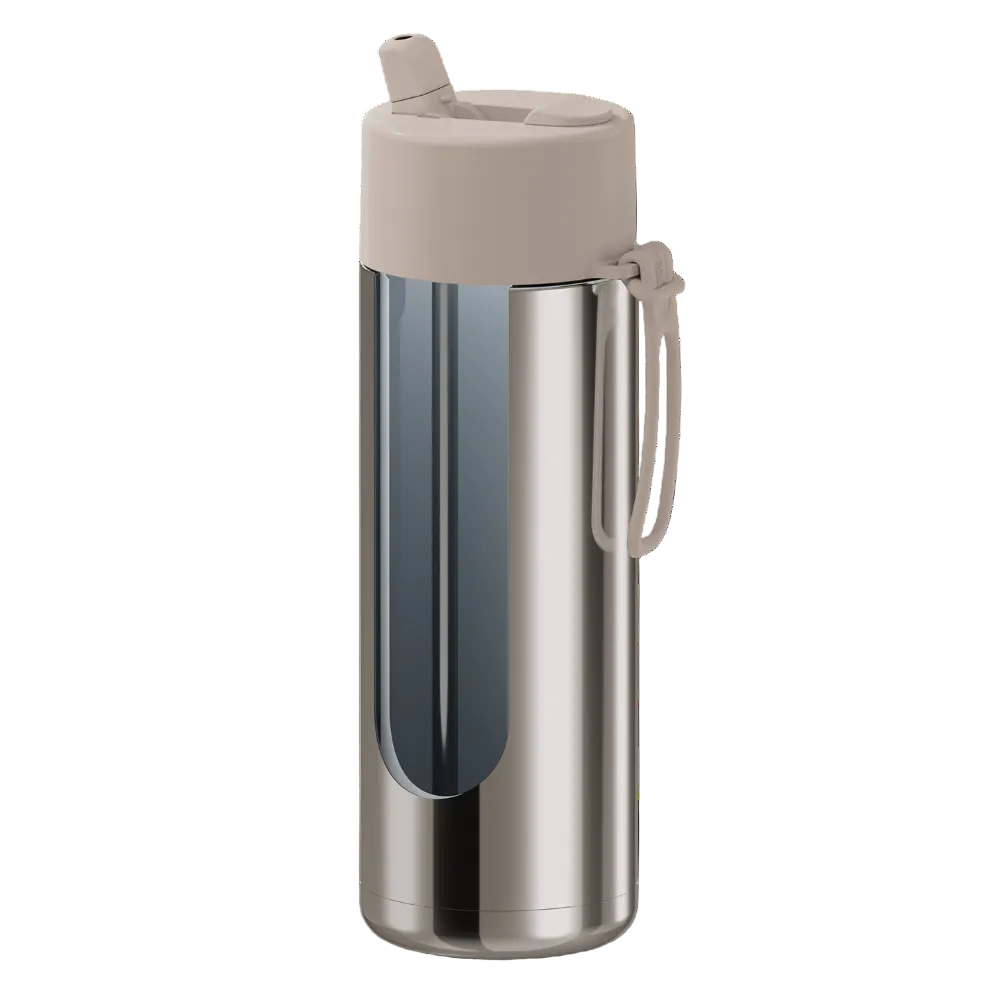 A stainless steel water bottle with a beige lid and carrying loop, shown on a solid white background.