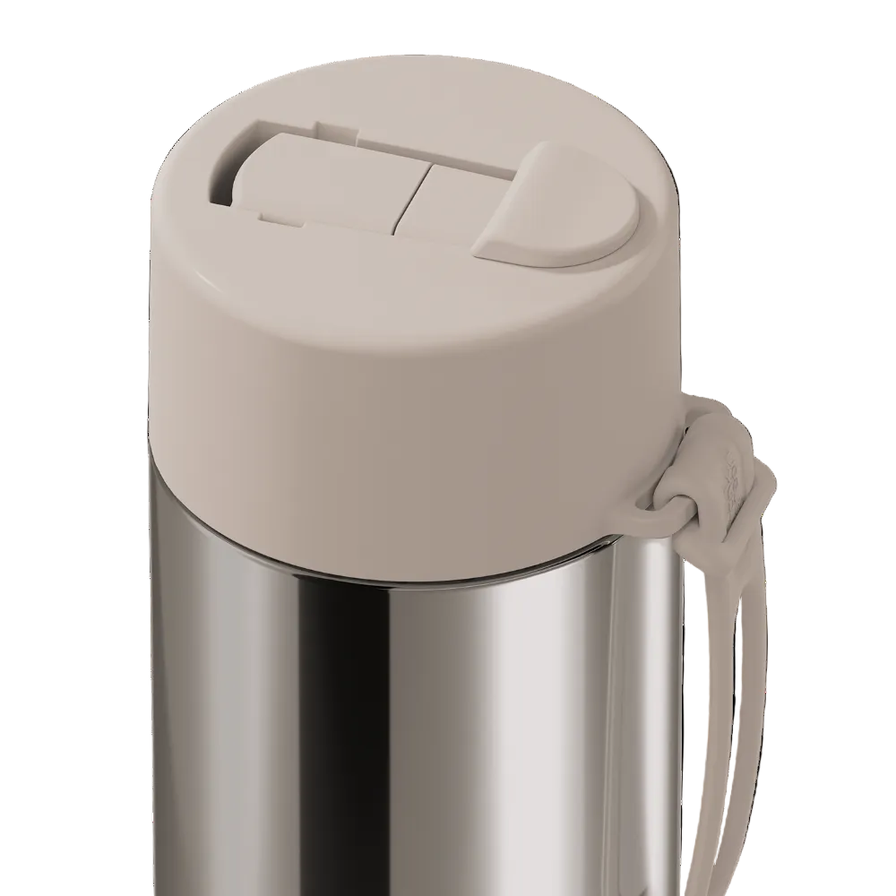 Close-up of a stainless steel water bottle with a beige plastic lid and carrying loop on a white background.