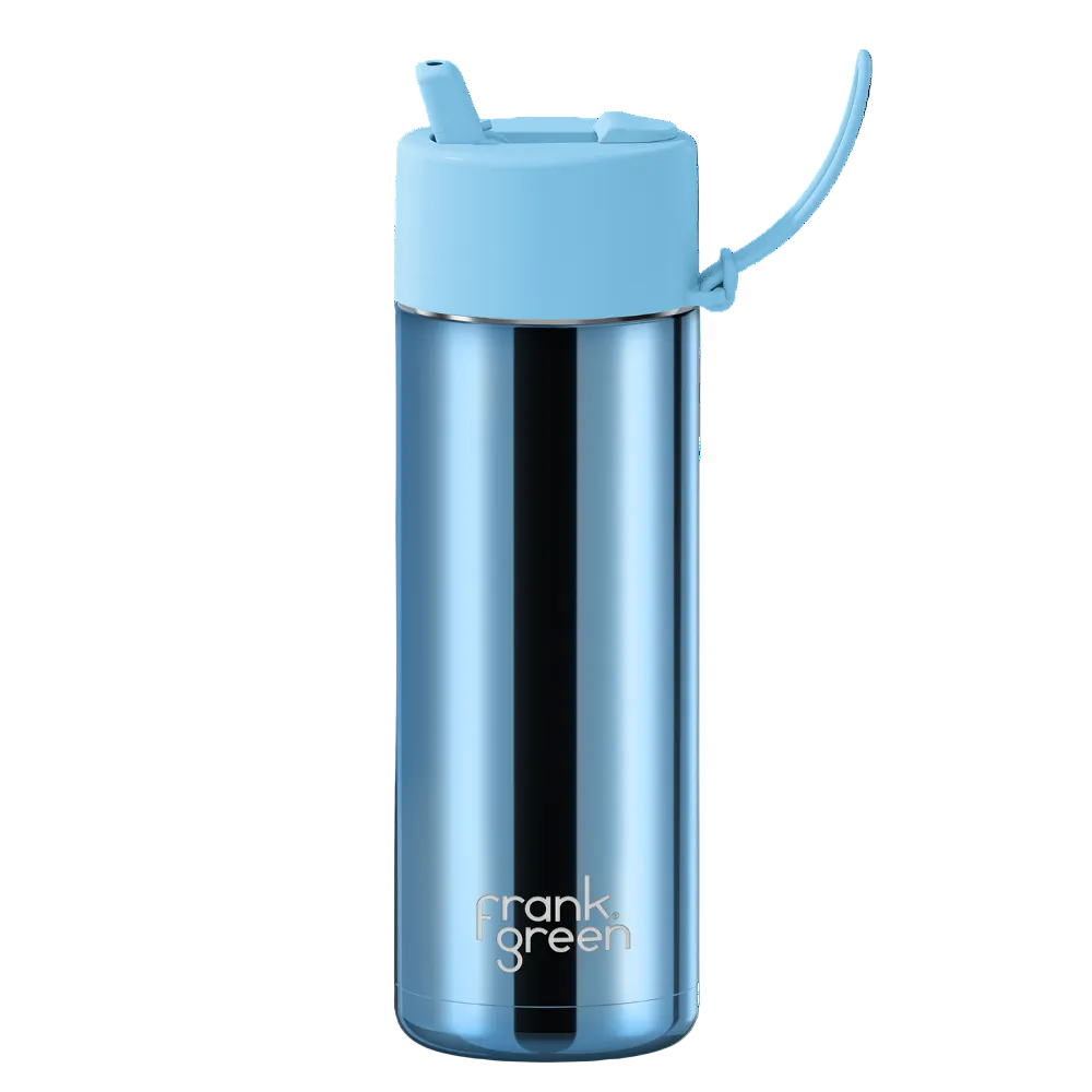 A blue stainless steel water bottle with a light blue flip-top lid and carrying loop, featuring the 'frank green' logo near the bottom, set against a plain white background.