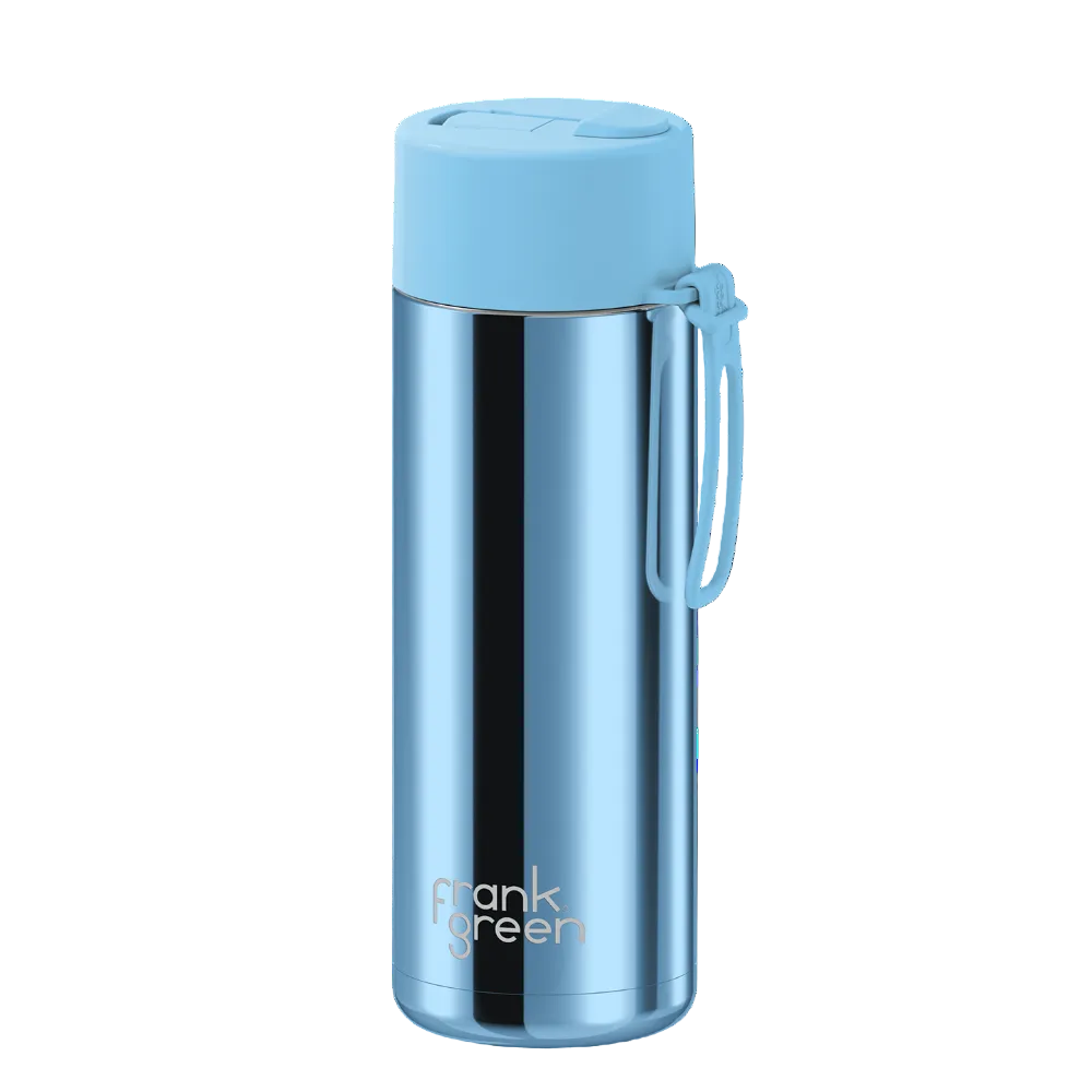 A light blue and stainless steel vacuum insulated water bottle with a matching blue lid and carrying loop, featuring the 'park green' logo near the bottom, on a solid white background.