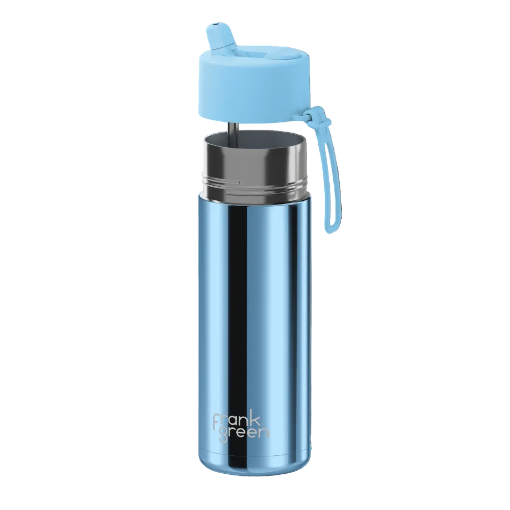 A blue metallic vacuum-insulated water bottle with a matching light blue lid and carrying loop, shown on a plain white background. The brand name 'paul green' is printed near the bottom.