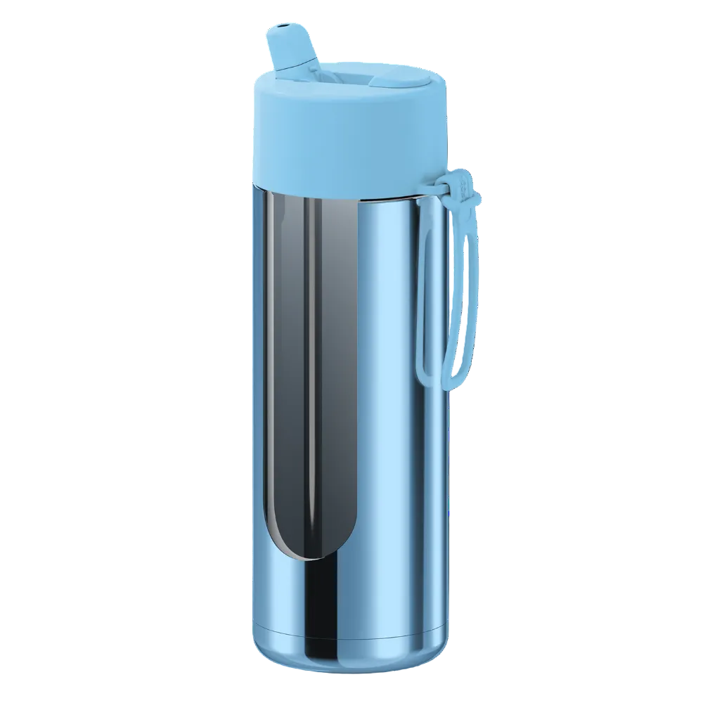 A stainless steel water bottle with a light blue lid, carrying loop, and a vertical transparent window, shown on a plain white background.