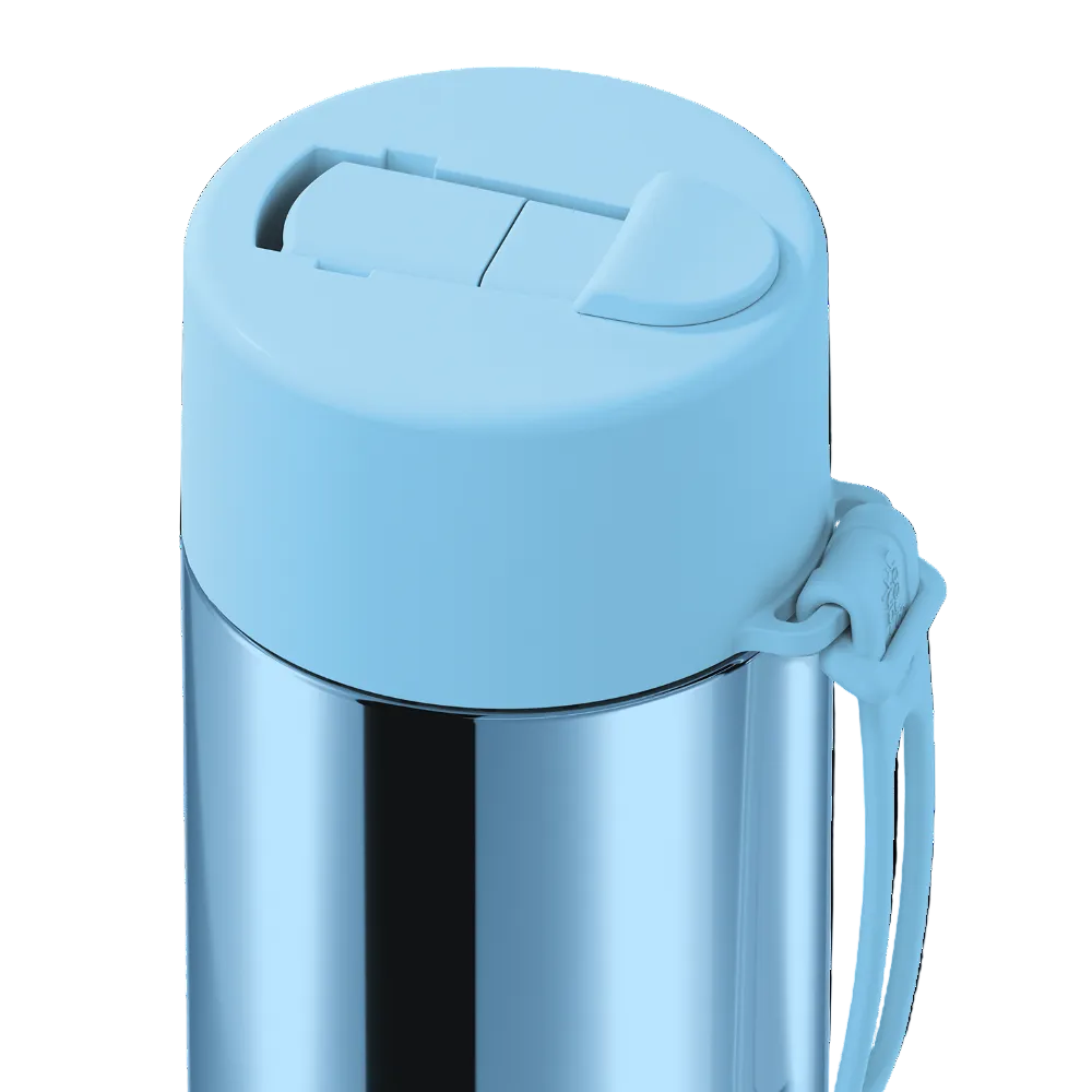 Close-up of a stainless steel water bottle with a light blue flip-top lid and carrying loop on a white background.