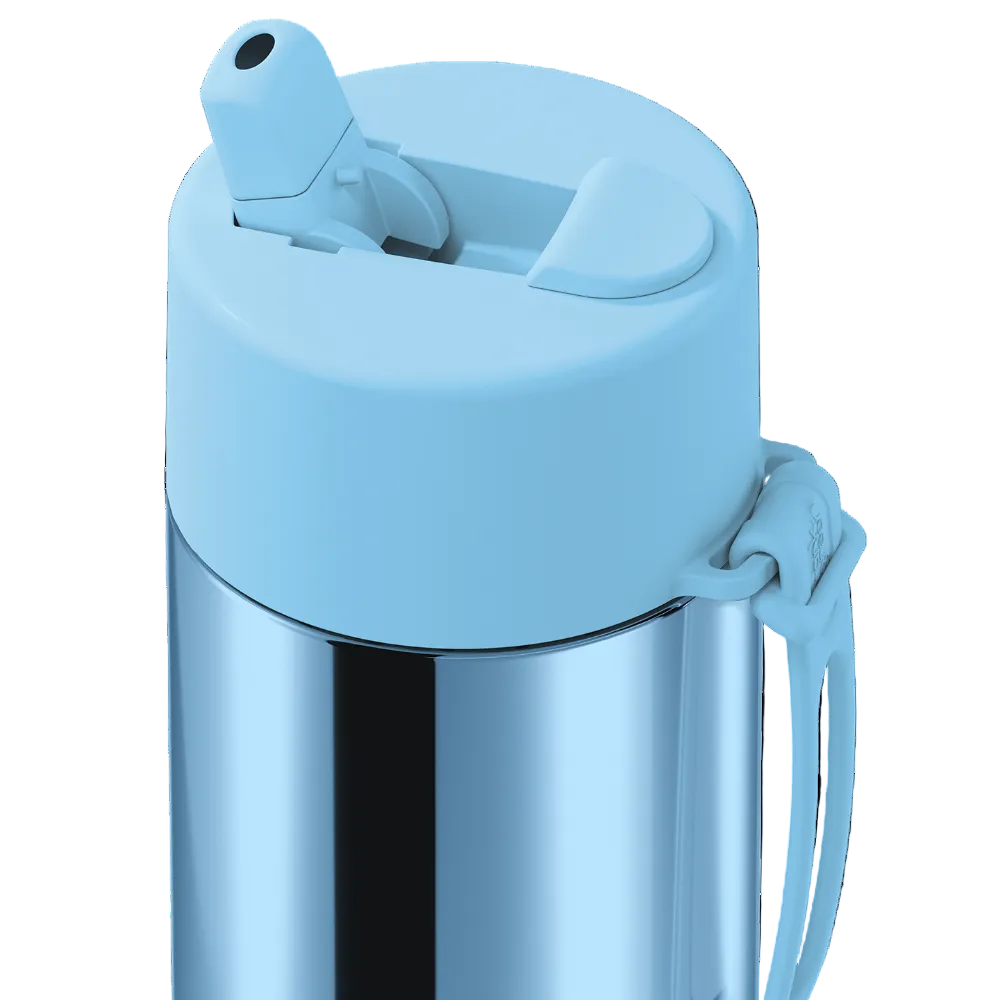 Close-up of a stainless steel water bottle with a light blue flip-top lid and carrying loop on a white background.
