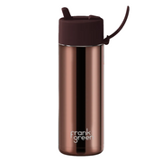A Frank Green vacuum-insulated stainless steel water bottle in a metallic bronze finish, featuring a dark brown flip-top lid with a carrying loop, shown on a plain white background.