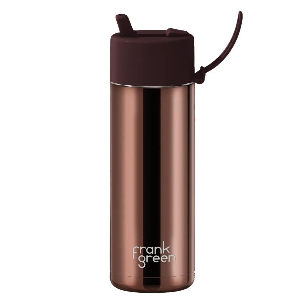 A Frank Green vacuum-insulated stainless steel water bottle in a metallic bronze finish, featuring a dark brown flip-top lid with a carrying loop, shown on a plain white background.