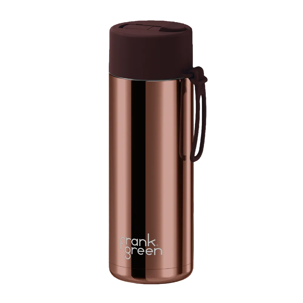 A metallic rose gold vacuum-insulated water bottle with a dark brown lid and carrying loop, featuring the 'frank green' logo near the bottom, set against a plain white background.