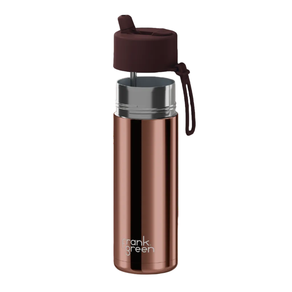 A rose gold insulated water bottle with a dark brown lid and carrying loop, featuring the 'frank green' logo near the bottom, set against a plain white background.