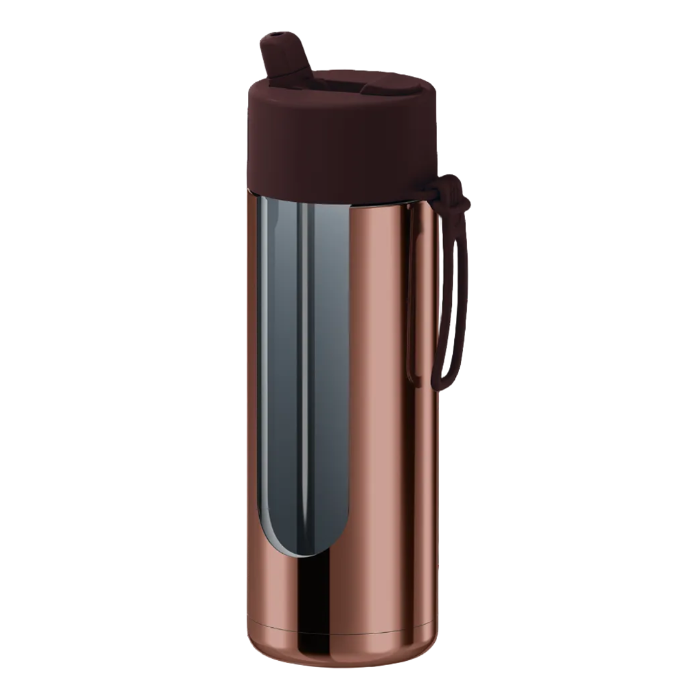 A stainless steel water bottle with a reflective rose gold finish, a dark brown lid, and a matching carrying loop, shown on a plain white background.