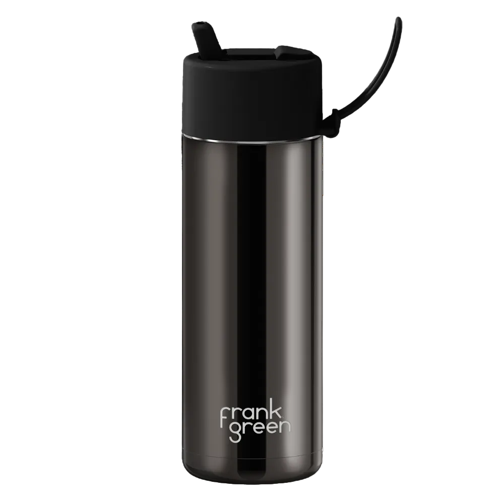 A dark gray and black insulated water bottle with a flip-top lid and carrying loop, featuring the 'frank green' logo near the bottom, set against a plain white background.