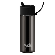 A dark gray and black insulated water bottle with a flip-top lid and carrying loop, featuring the 'frank green' logo near the bottom, set against a plain white background.