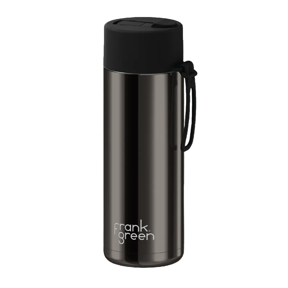 A black vacuum-insulated stainless steel water bottle with a matching black lid and carrying loop, featuring the 'frank green' logo near the bottom, set against a plain white background.