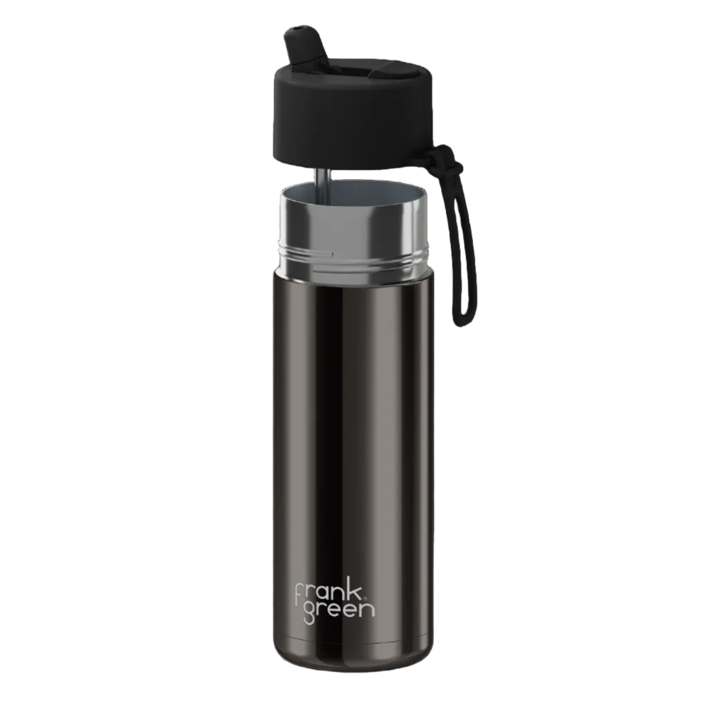 A dark gray vacuum-insulated water bottle with a black lid and carrying loop, featuring the 'frank green' logo near the bottom, set against a plain white background.