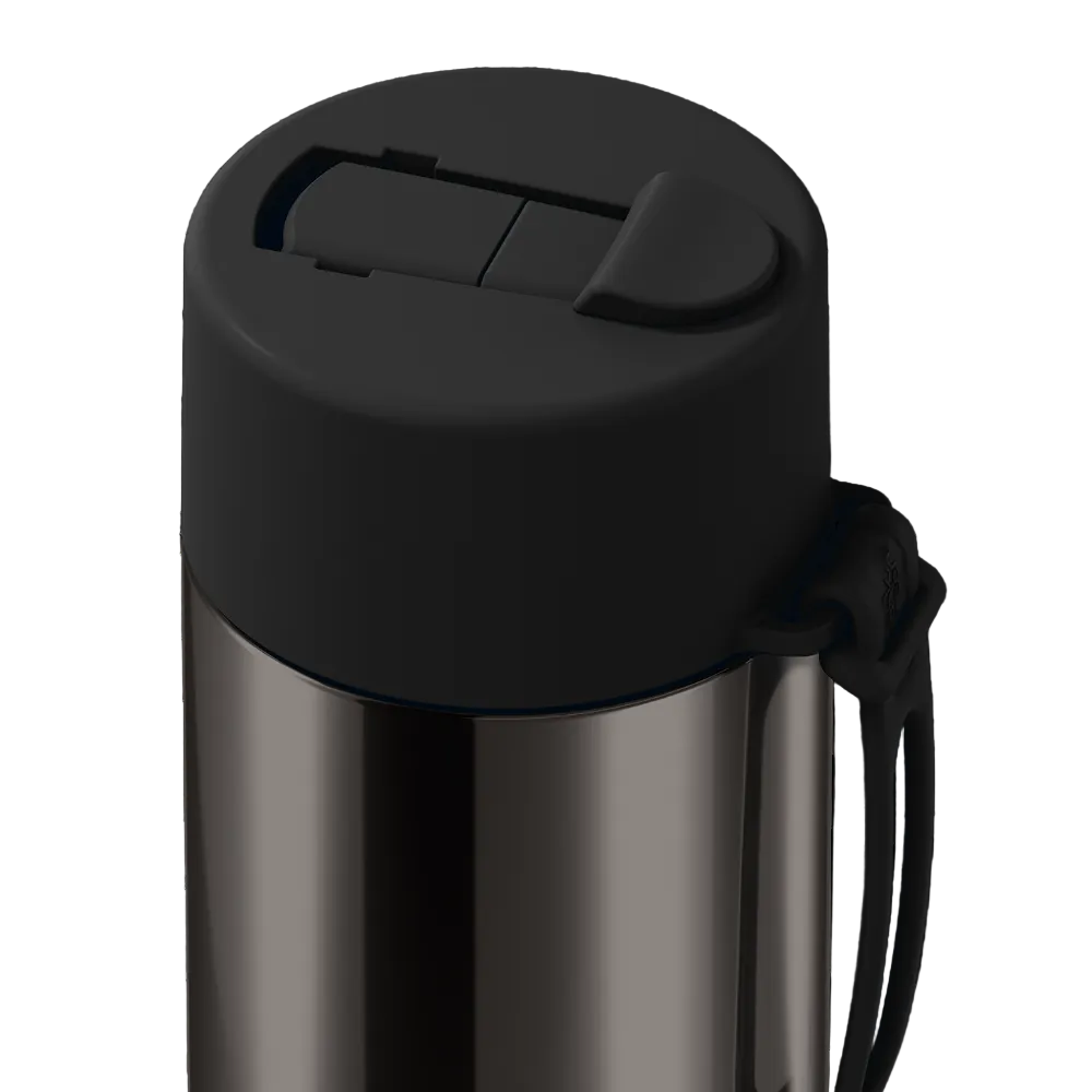 Close-up of a stainless steel travel tumbler with a matte black flip-top lid and a black carrying strap, shown on a white background.