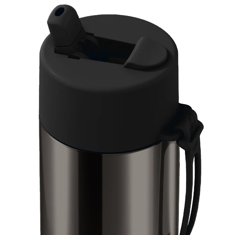Close-up of a stainless steel water bottle with a black flip-top lid and carrying strap on a white background.