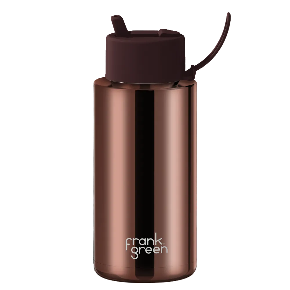 A metallic copper-brown insulated water bottle with a dark brown flip-top lid and a small carrying loop, featuring the 'frank green' logo near the bottom, on a solid white background.