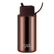A metallic copper-brown insulated water bottle with a dark brown flip-top lid and a small carrying loop, featuring the 'frank green' logo near the bottom, on a solid white background.