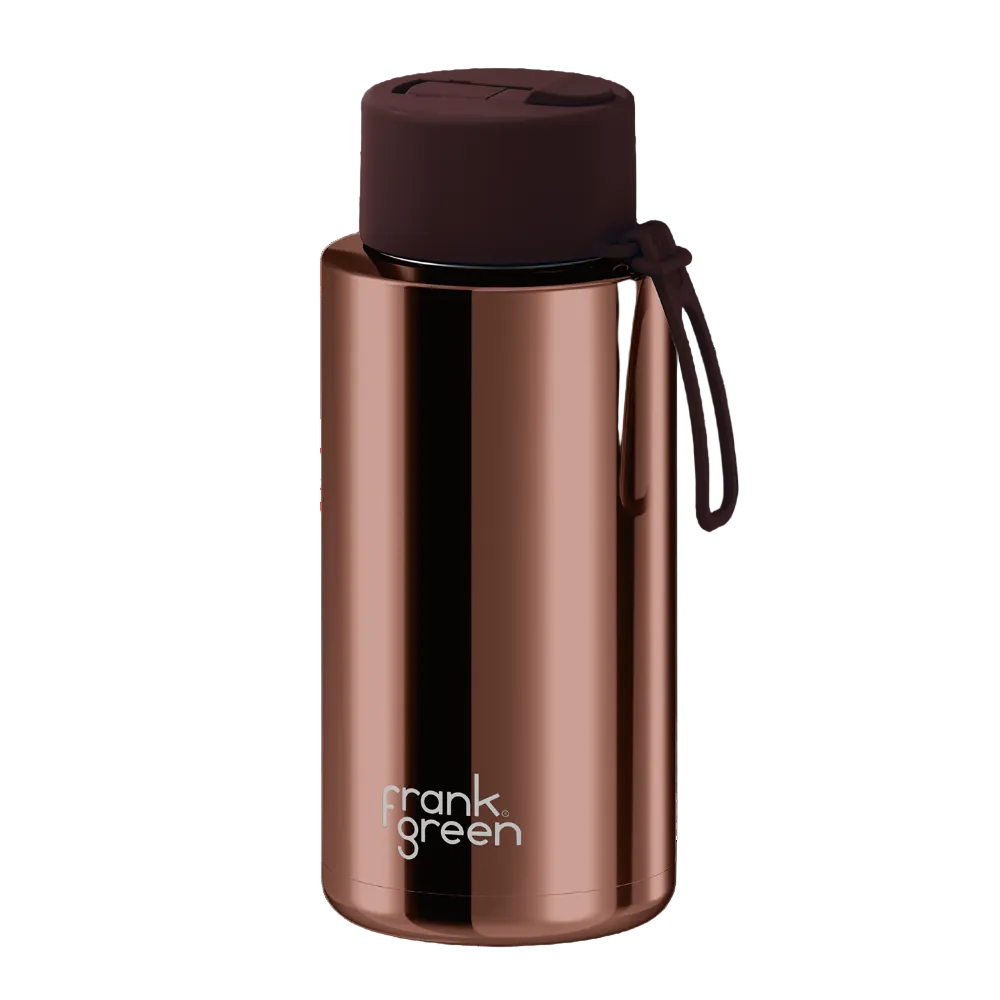 A dark metallic gray insulated water bottle with a black lid and carrying loop, featuring the 'frank green' logo near the bottom, set against a plain white background.