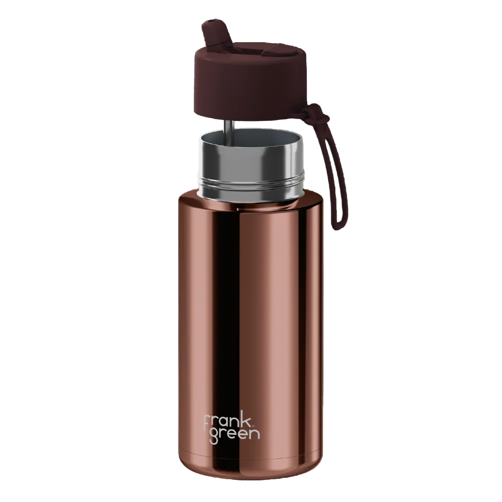 A metallic copper-colored insulated water bottle with a dark brown lid and carrying loop, featuring the 'frank green' logo near the bottom, set against a plain white background.