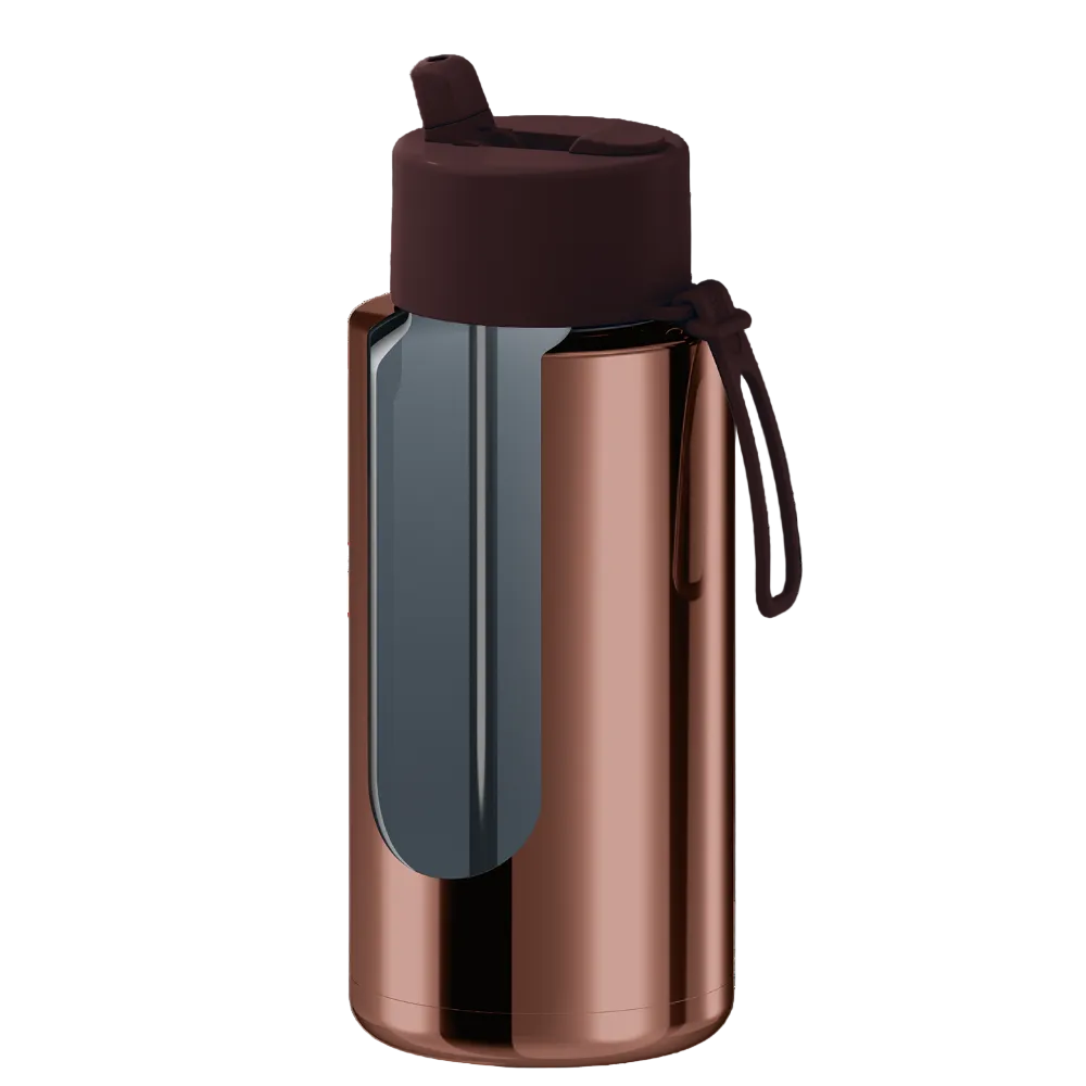 A modern insulated water bottle with a metallic rose gold body, a dark brown lid, and a matching dark gray translucent window, shown on a solid white background.