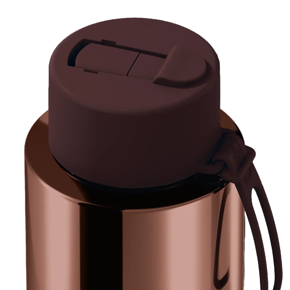 Close-up of a metallic copper-colored water bottle showing the lid and carrying loop against a solid white background.