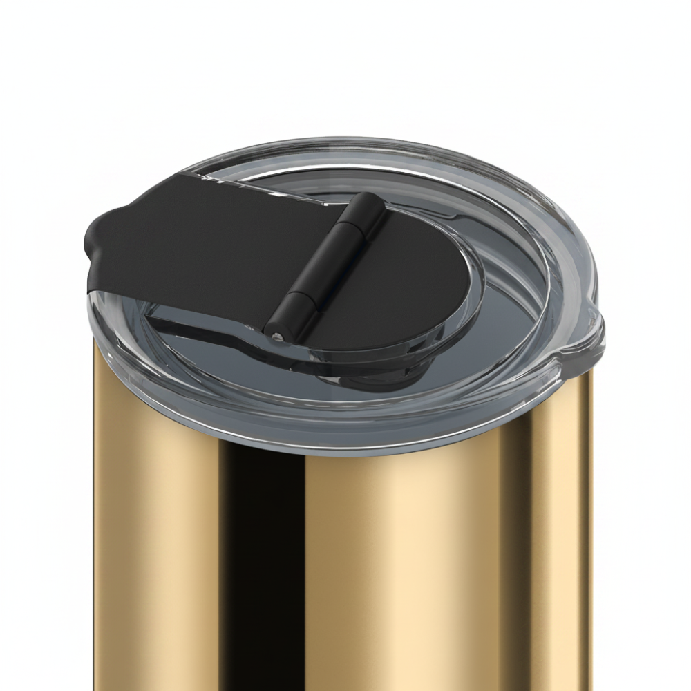 Close-up of a metallic gold insulated tumbler with a clear lid and black flip-straw top on a white background.