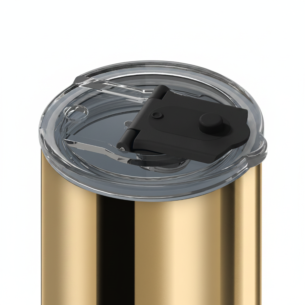 Close-up of a metallic gold insulated tumbler with a clear lid and black flip-straw top, shown on a white background.