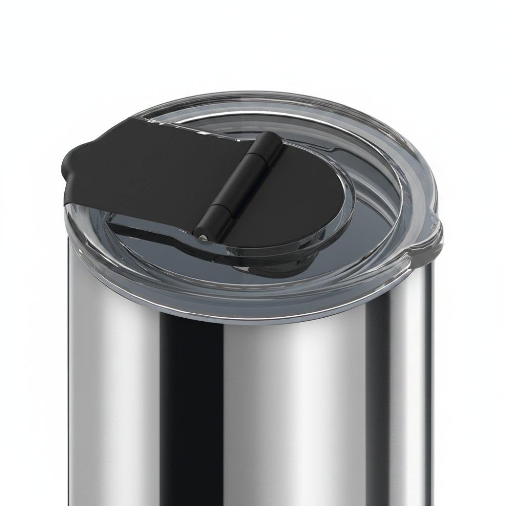 Close-up of a stainless steel tumbler with a clear lid and black flip-top spout, shown on a plain white background.