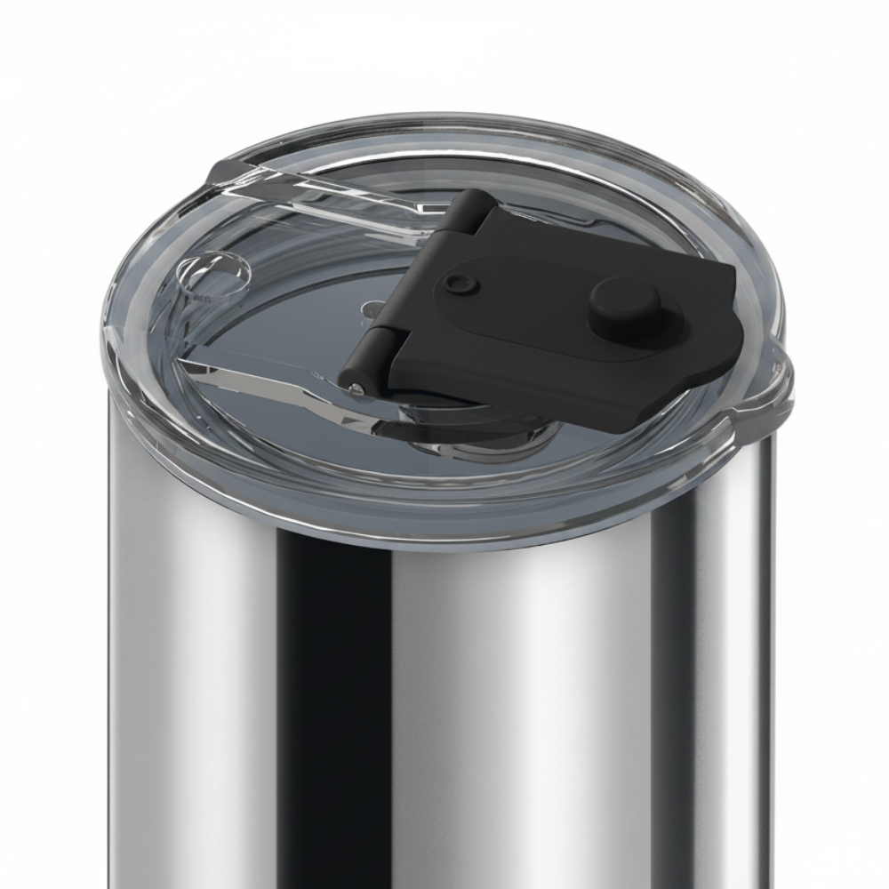 Close-up of a stainless steel tumbler with a clear lid and black flip-straw cap on a white background.