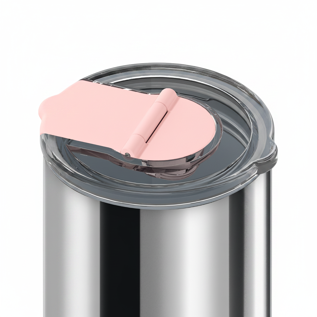Close-up of a stainless steel tumbler with a clear lid and a light pink flip-up straw cover, shown on a white background.