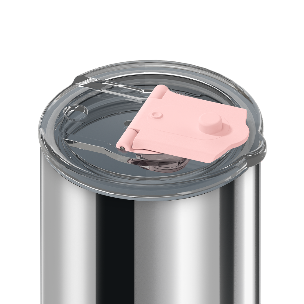Close-up of a stainless steel tumbler with a clear lid and a light pink silicone flip-straw cover on a white background.