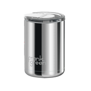 A stainless steel insulated cup by Frank Green with a clear lid, shown on a plain white background.