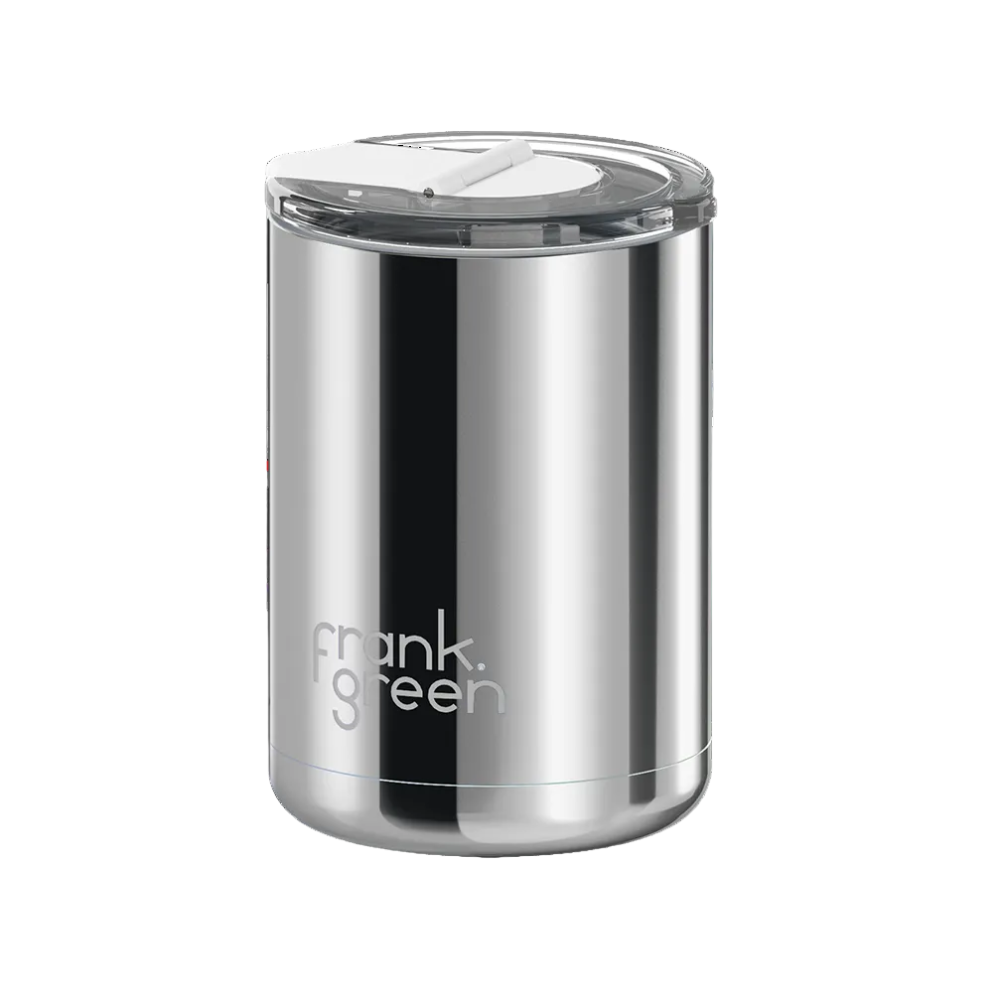 A stainless steel insulated cup by Frank Green with a clear lid, shown on a plain white background.