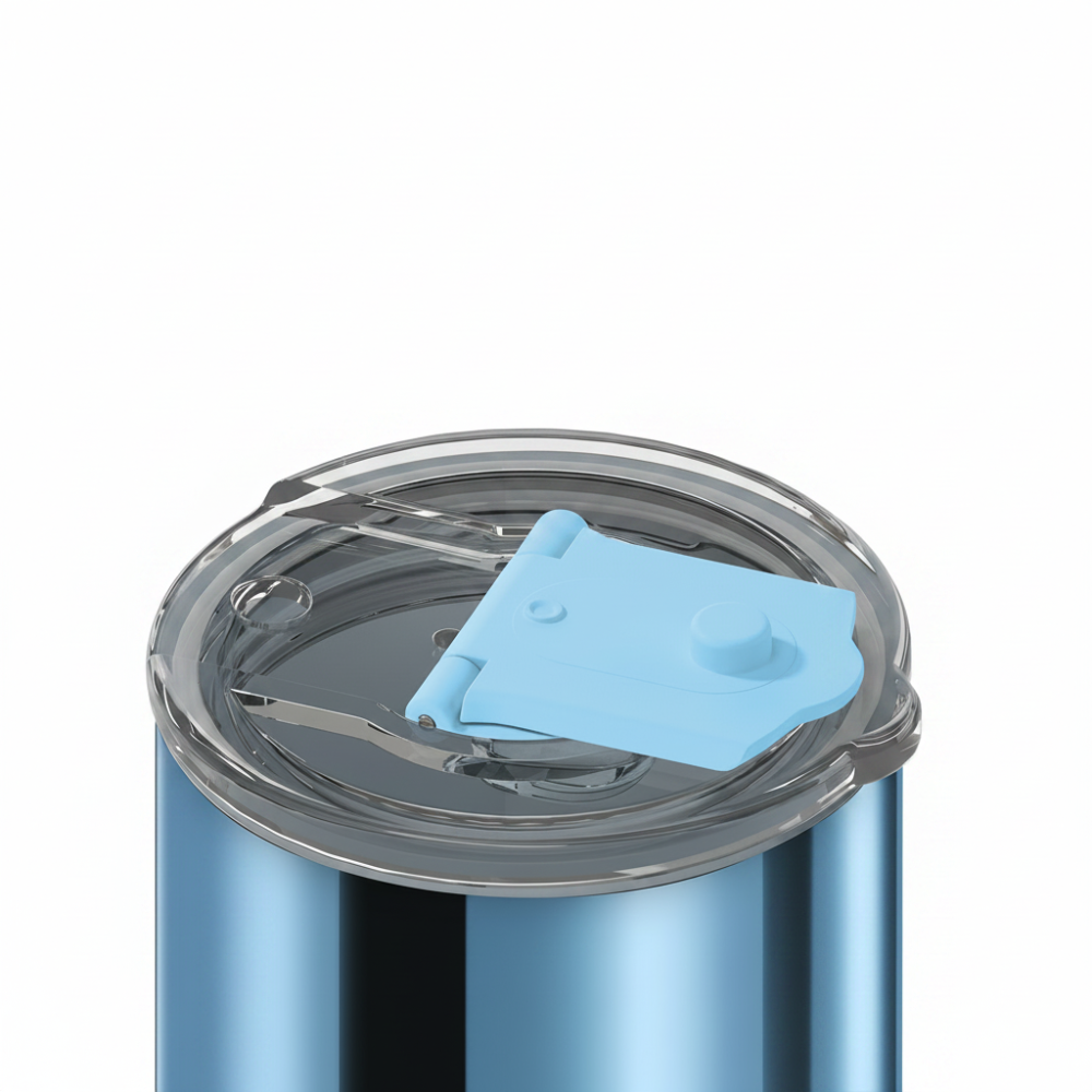 Close-up of a metallic blue insulated tumbler with a clear lid and a light blue flip-straw cover, shown on a white background.