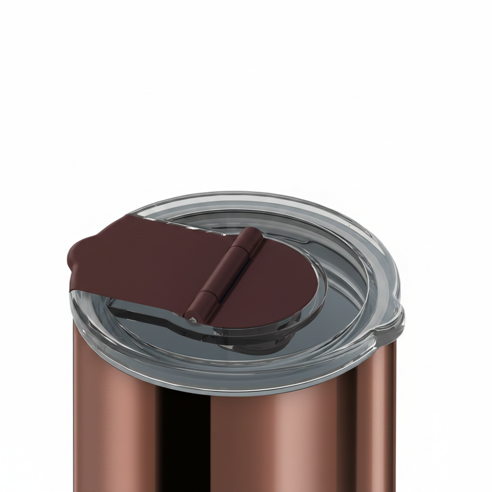 Close-up of a stainless steel tumbler with a metallic rose gold finish, featuring a clear lid with a dark brown flip-up straw cover, shown on a solid white background.