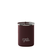 Brown reusable cup with 'frank green' logo on a white background