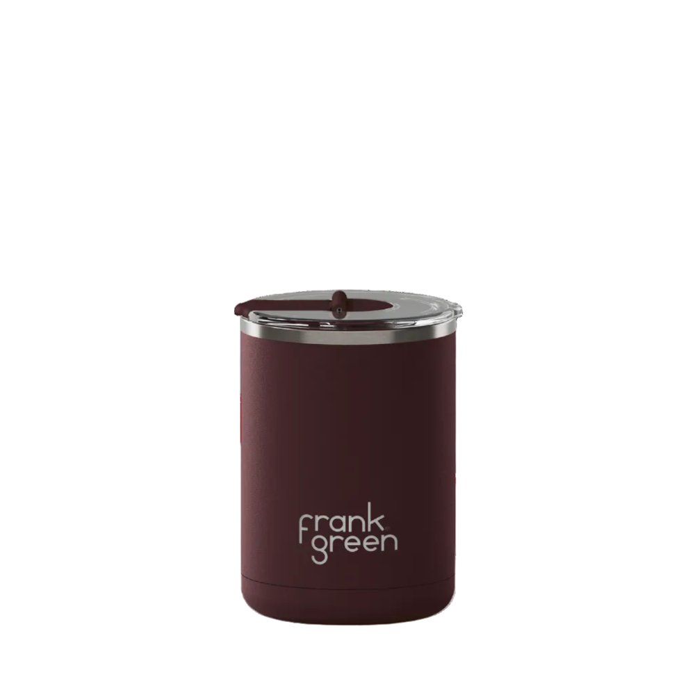 Brown reusable cup with 'frank green' logo on a white background