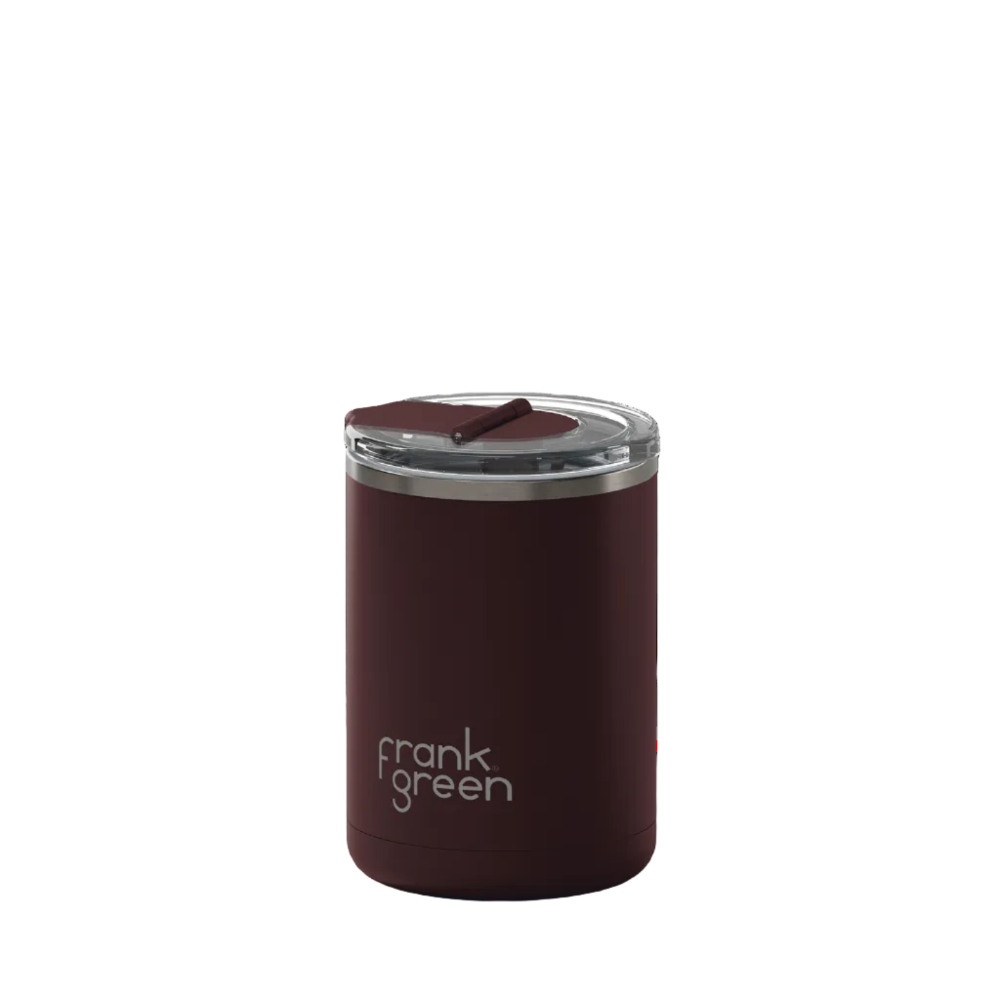 A dark burgundy insulated tumbler with a clear lid and a flip-top straw, featuring the 'frank green' logo in white near the bottom, set against a solid white background.