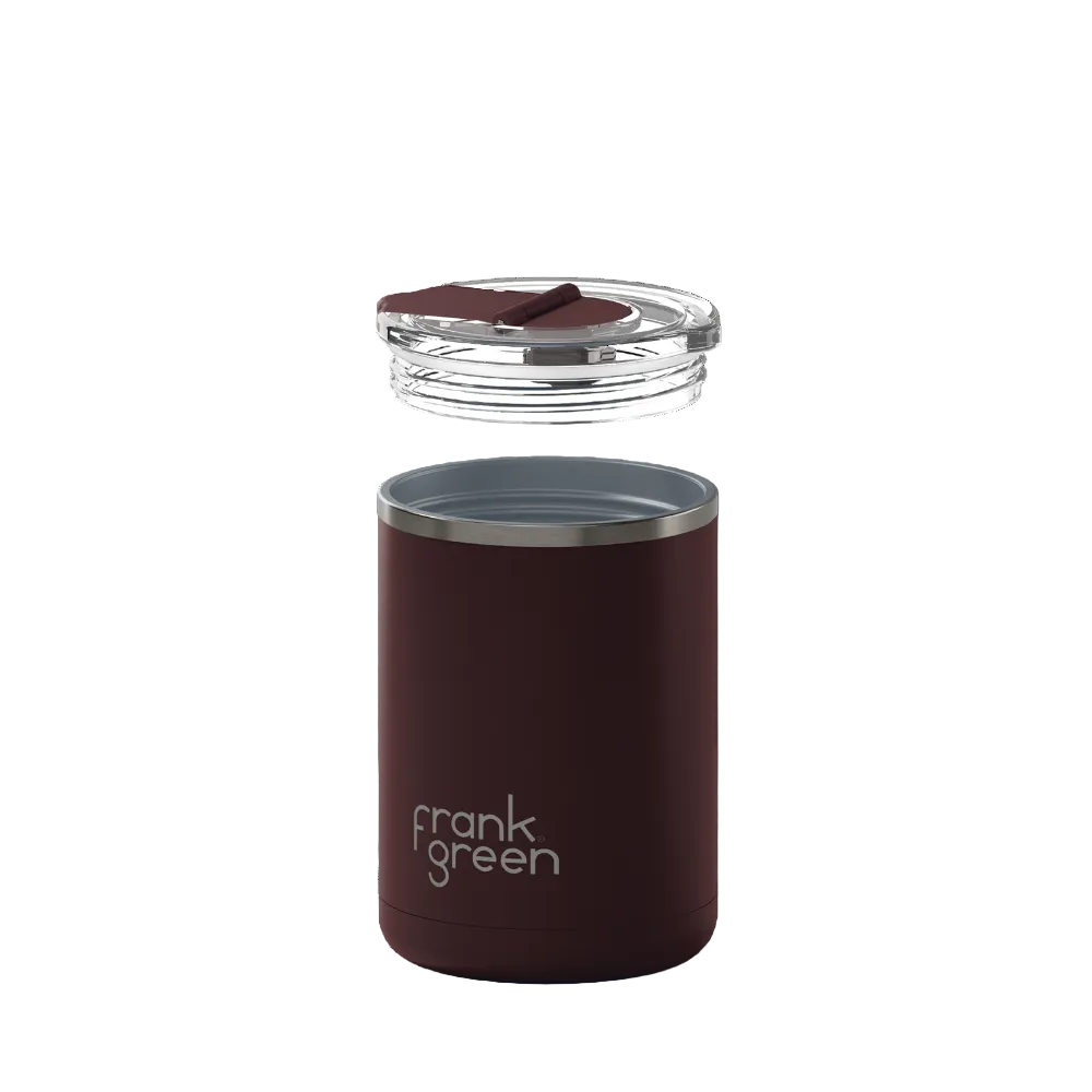 A Frank Green insulated travel tumbler in a deep burgundy color, shown with its clear lid and dark brown silicone seal floating above the base against a solid white background.