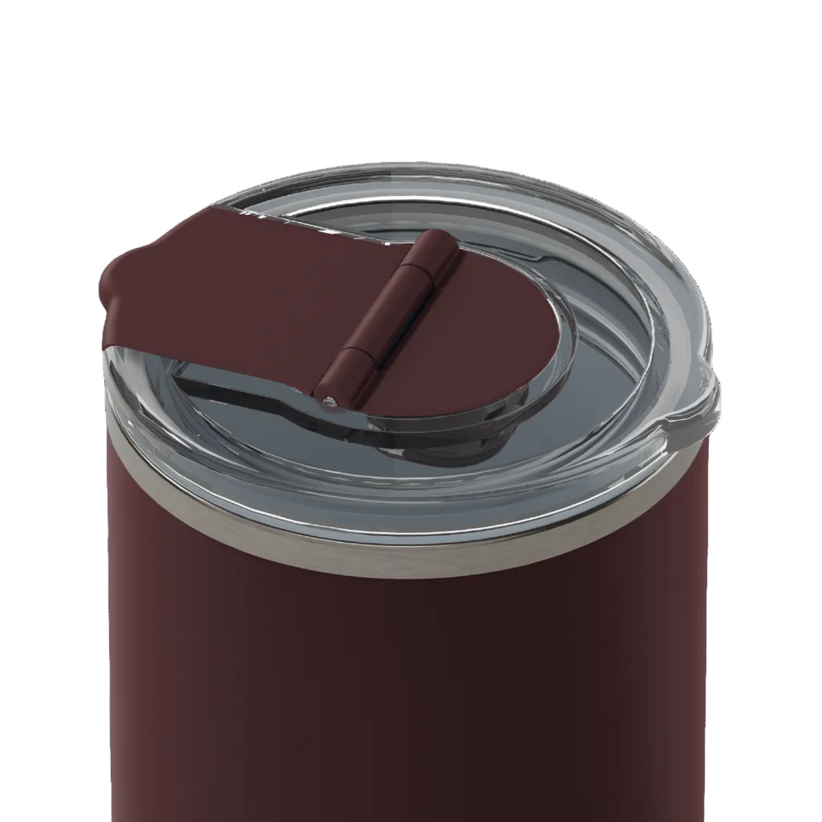 Close-up of a dark burgundy insulated tumbler with a clear lid and matching burgundy flip-top straw cover, shown on a white background.