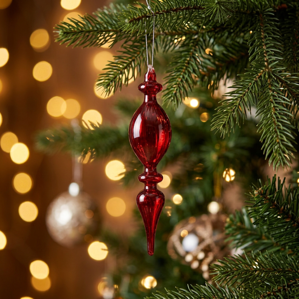 Holly & Ivy Glass Christmas Decoration Burgundy Transparent Drop Finial
