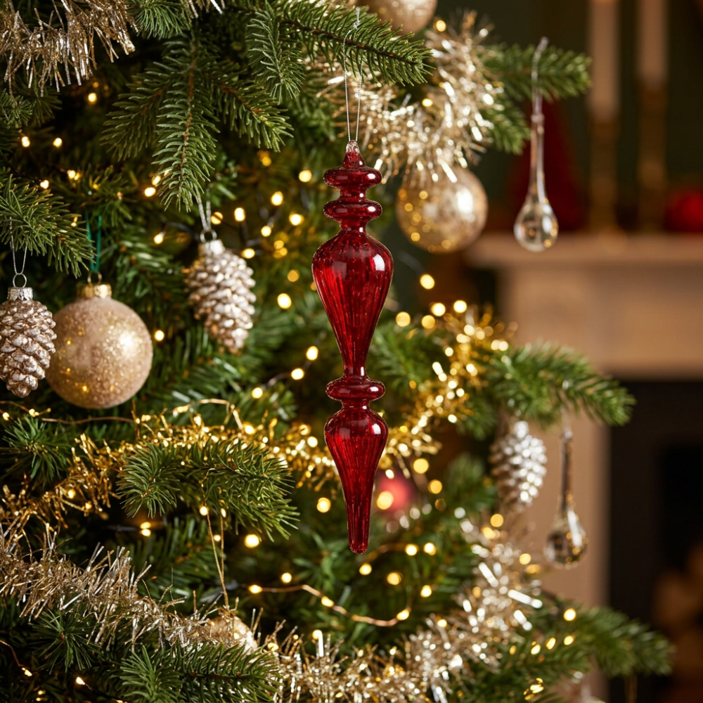 Holly & Ivy Glass Christmas Decoration Burgundy Transparent Bulb Finial