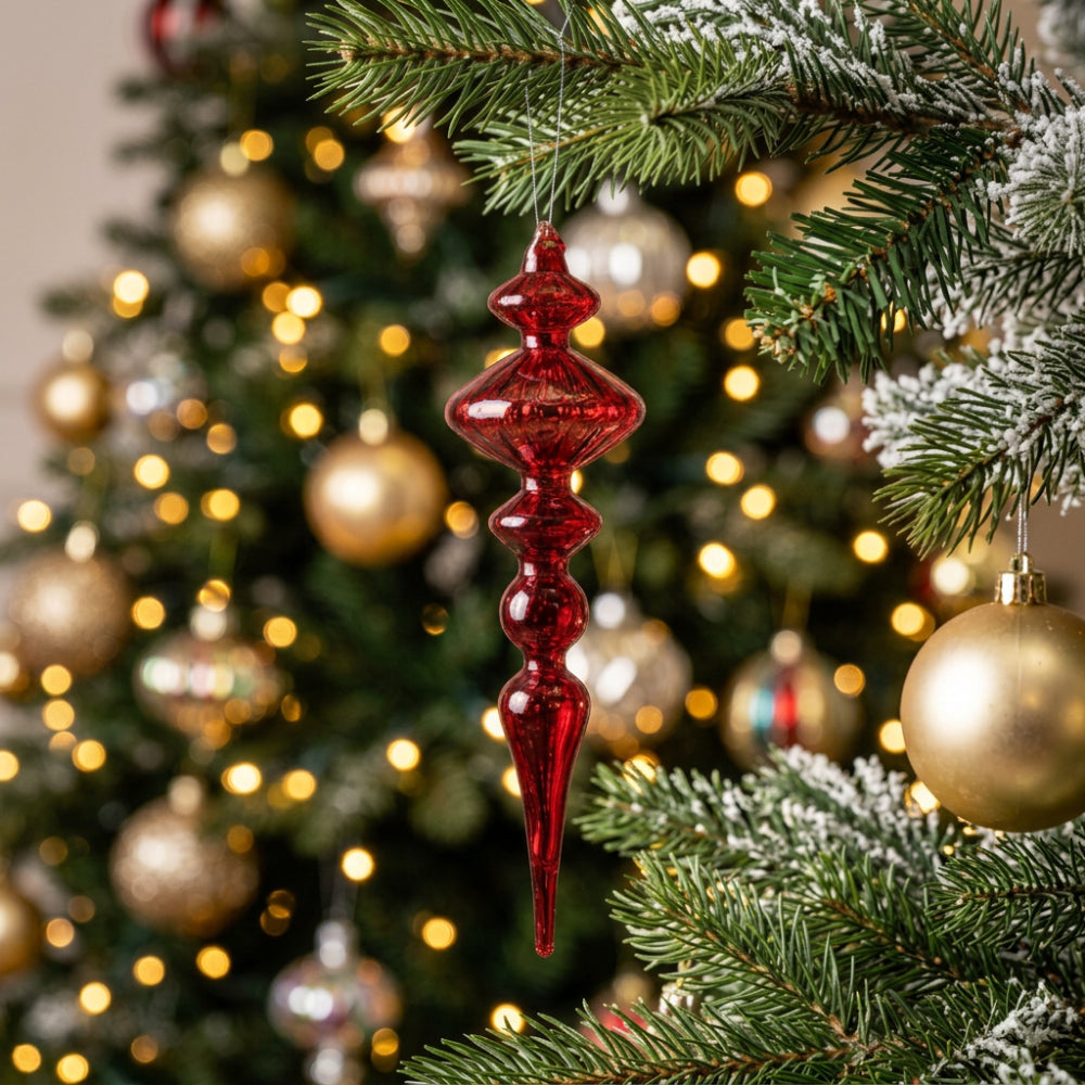 Holly & Ivy Glass Christmas Decoration Burgundy Transparent Disc Finial