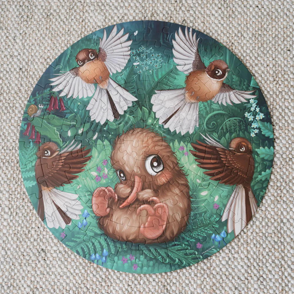 Kuwi the Kiwi Fantail Flutter Round 100 Piece Puzzle