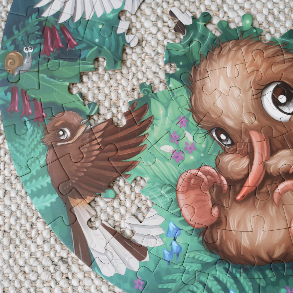 Kuwi the Kiwi Fantail Flutter Round 100 Piece Puzzle