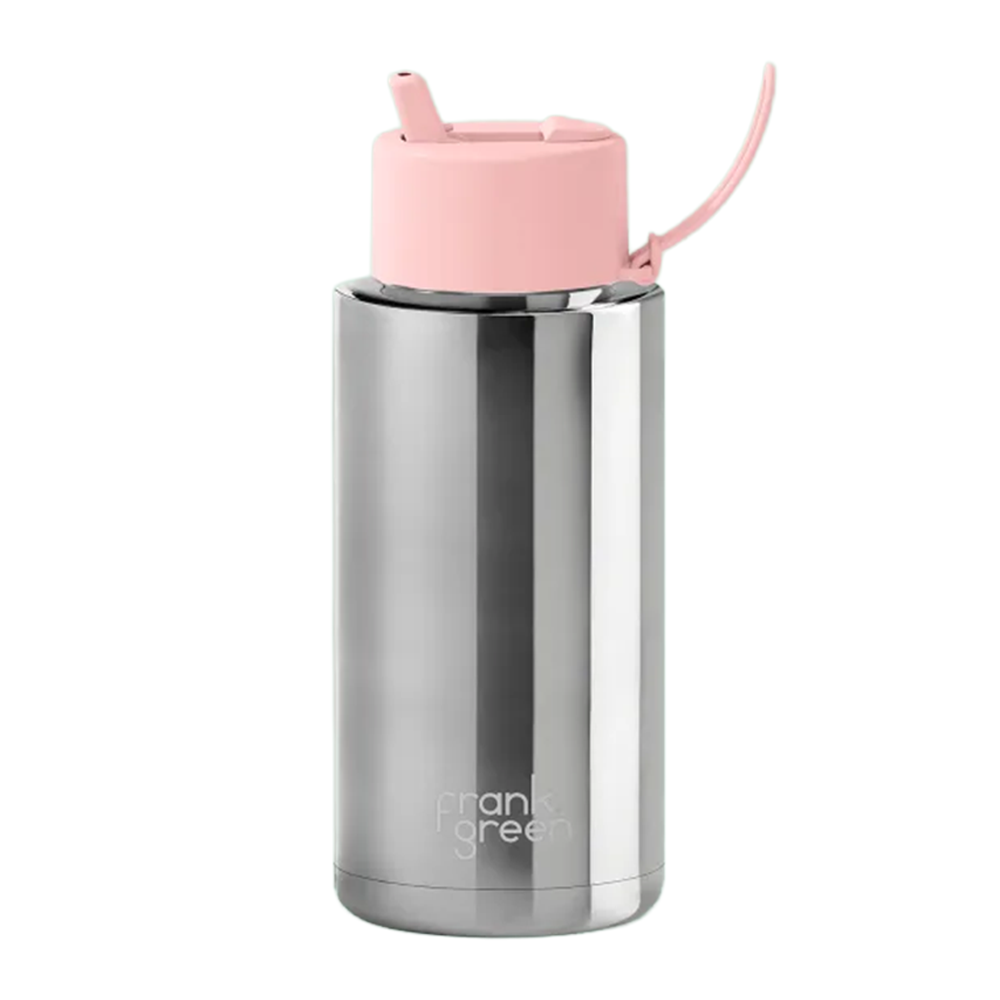 Frank Green Ceramic Reusable Bottle Flip Straw Lid 34oz Limited Edition Silver with Blush